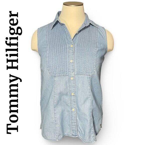 TOMMY HILFIGER Lightweight Denim Top, Sleeveless, Light Wash, Pleated, Size 14 - Picture 1 of 8